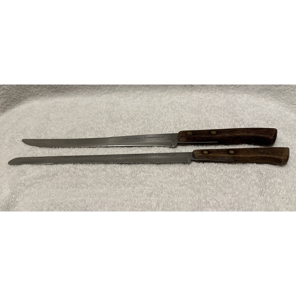 FLINT Stainless Vanadium 9" Serrated & 8.5" Slicing Knife (Set Of 2) USA Vintage